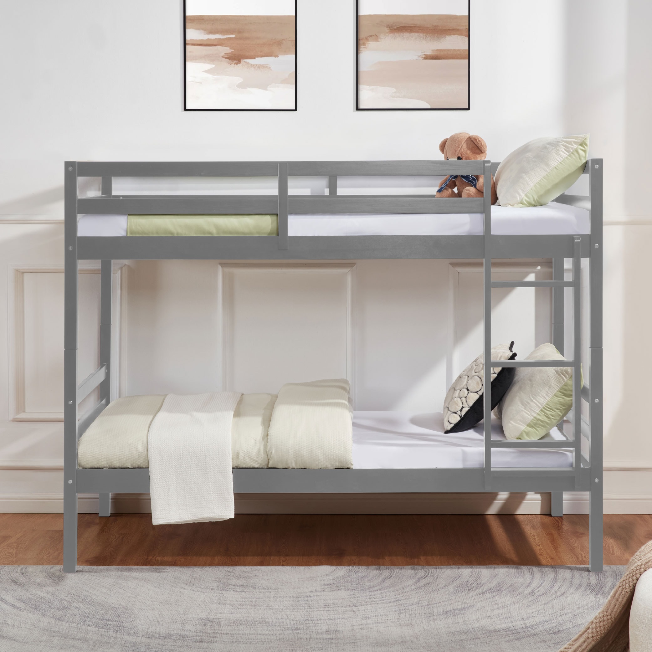Twin over Twin Bunk Bed with Ladder,Wooden Bunk Bed with High Guardrail and Ladder for Kids, Teens, Dorm Rooms, and Guest Rooms,No Box Spring Needed,Grey Twin over Twin Bunk Bed with Ladder,Wooden Bunk Bed with High Guardrail and Ladder for Kids, Teens, Dorm Rooms, and Guest Rooms,No Box Spring Needed,Grey